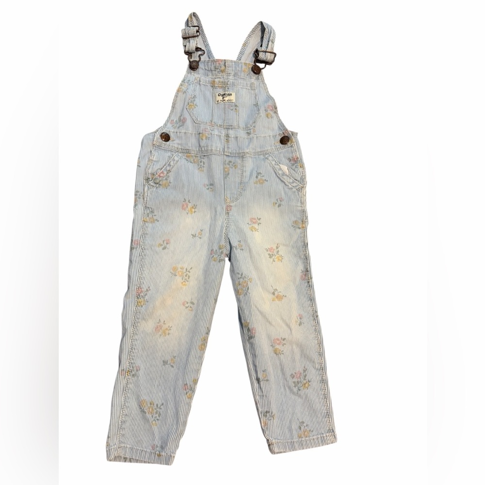 OshKosh B'gosh Light Blue Striped Overalls with Pastel Floral Print